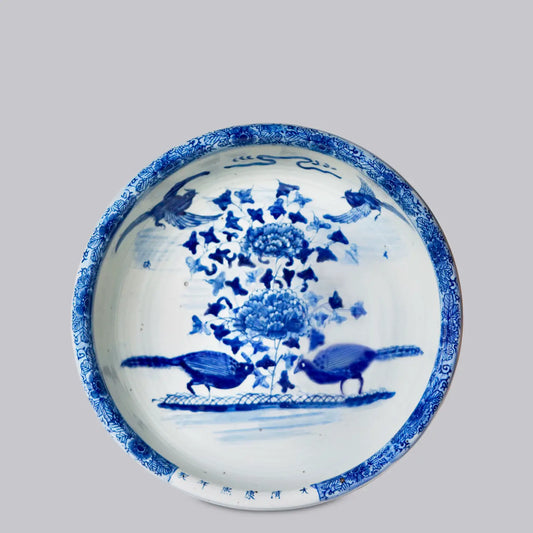 Blue and White Porcelain Bird and Flower Low Bowl