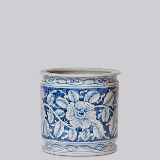 Blue and White Porcelain Floral Cachepot with Indented Rim