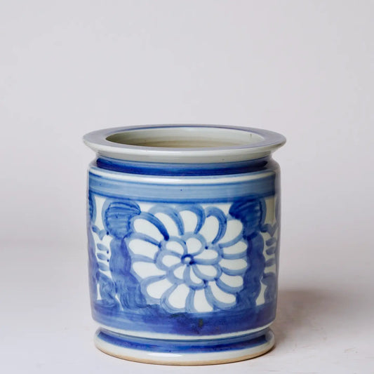 Hand Painted Floral Blue and White Porcelain Cachepot