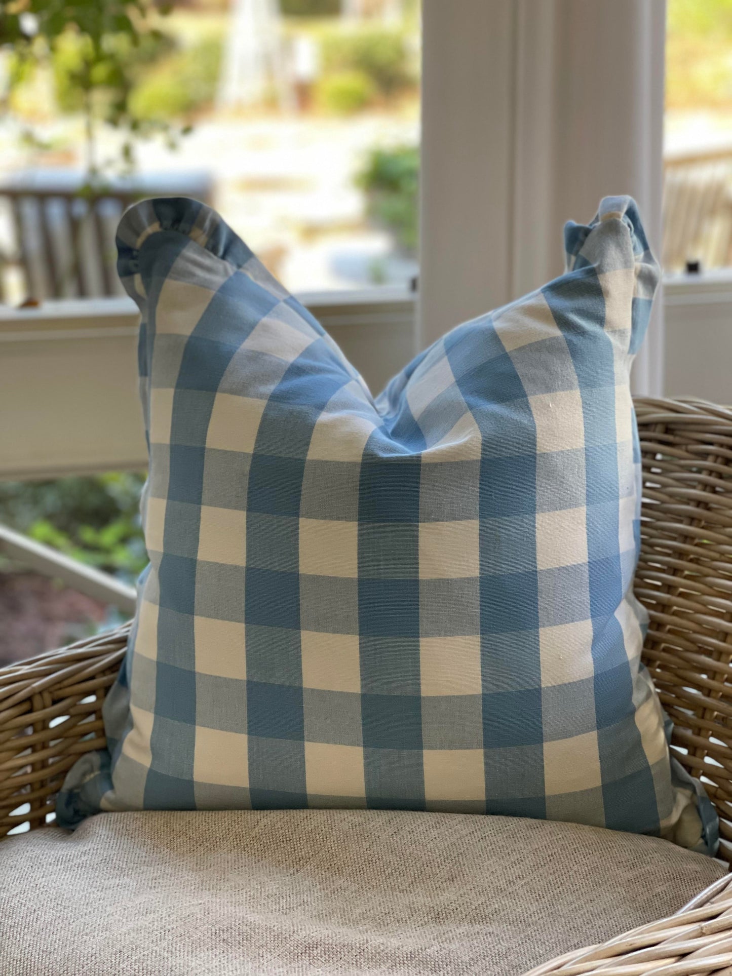 Blue and White Check Pillow with Ruffled Edge