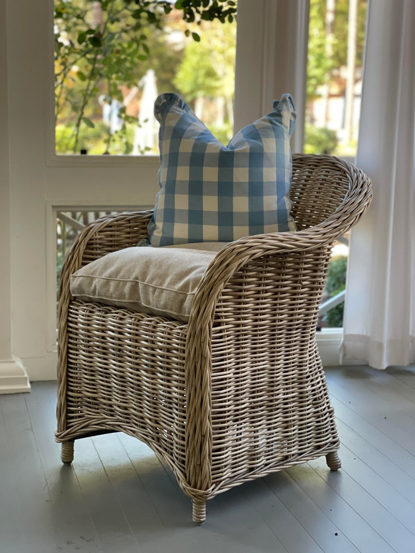 Blue and White Check Pillow with Ruffled Edge