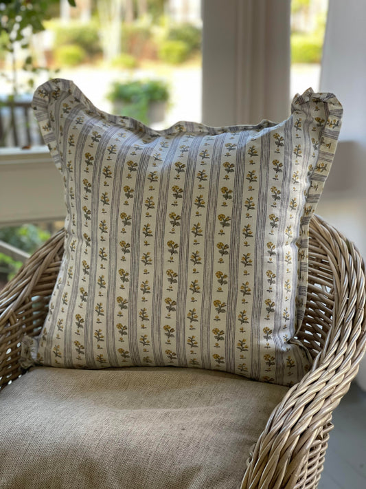 Floral Stripe Pillow with Ruffled Edge