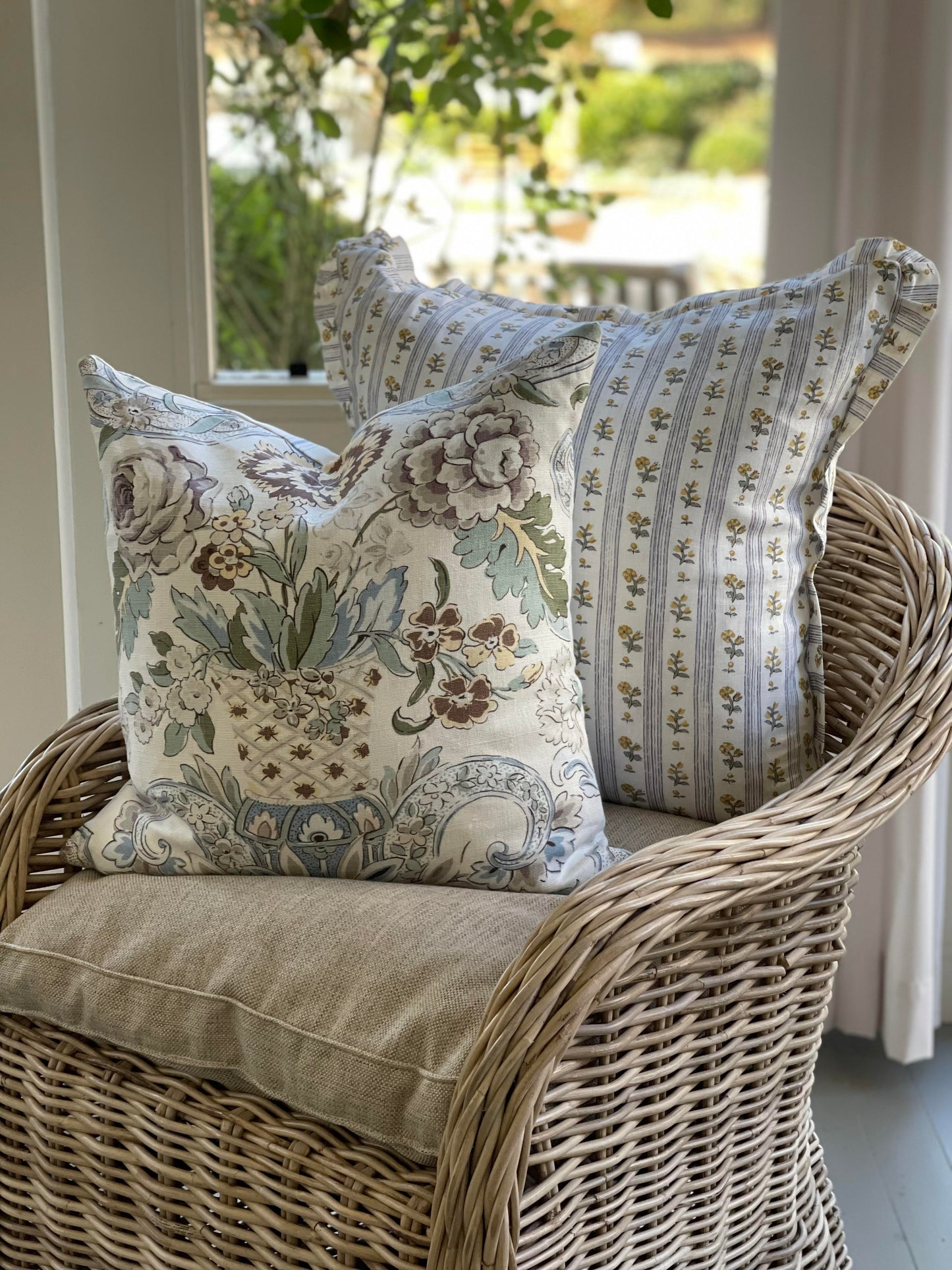 Floral Stripe Pillow with Ruffled Edge