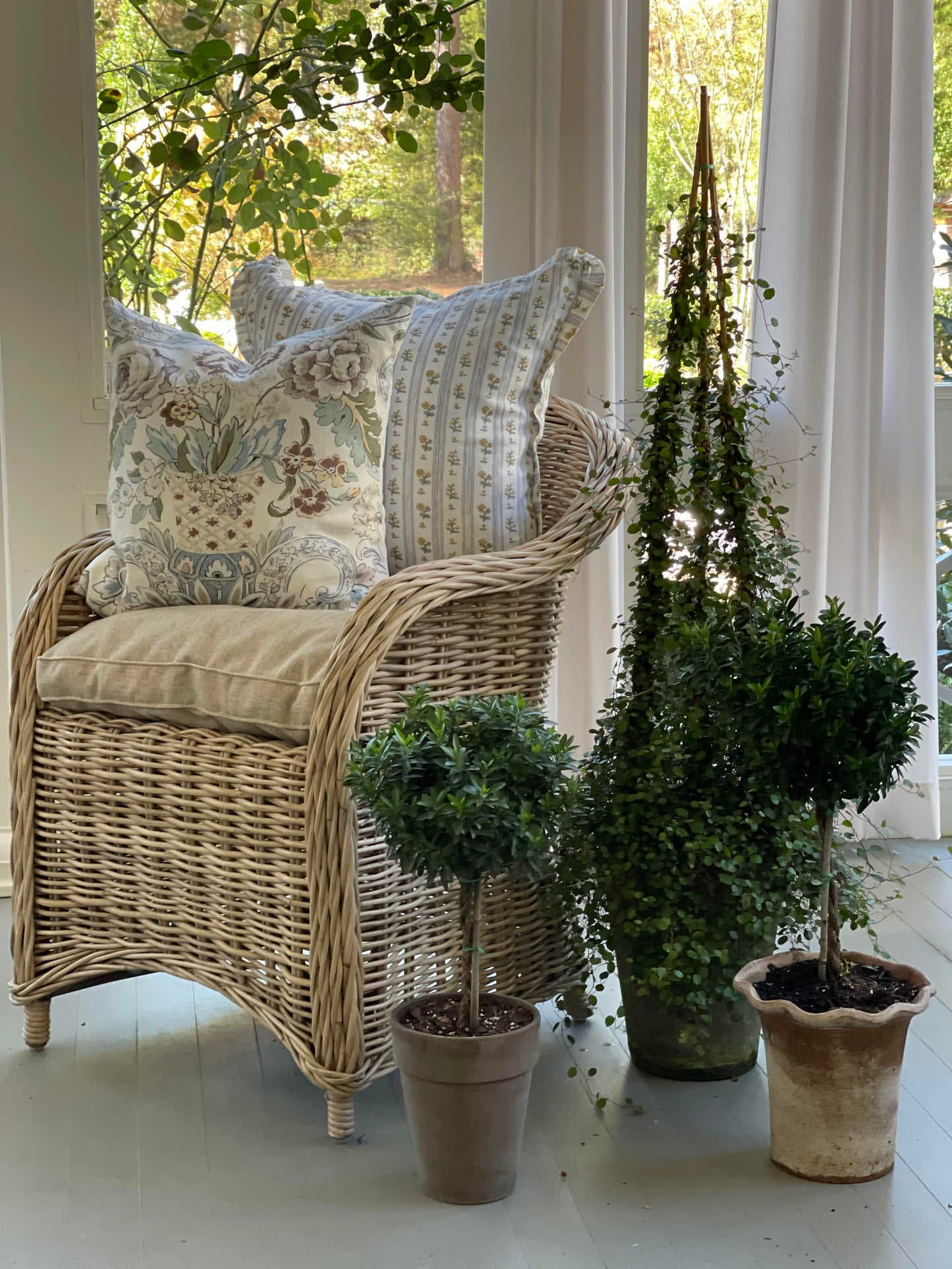 Floral Stripe Pillow with Ruffled Edge