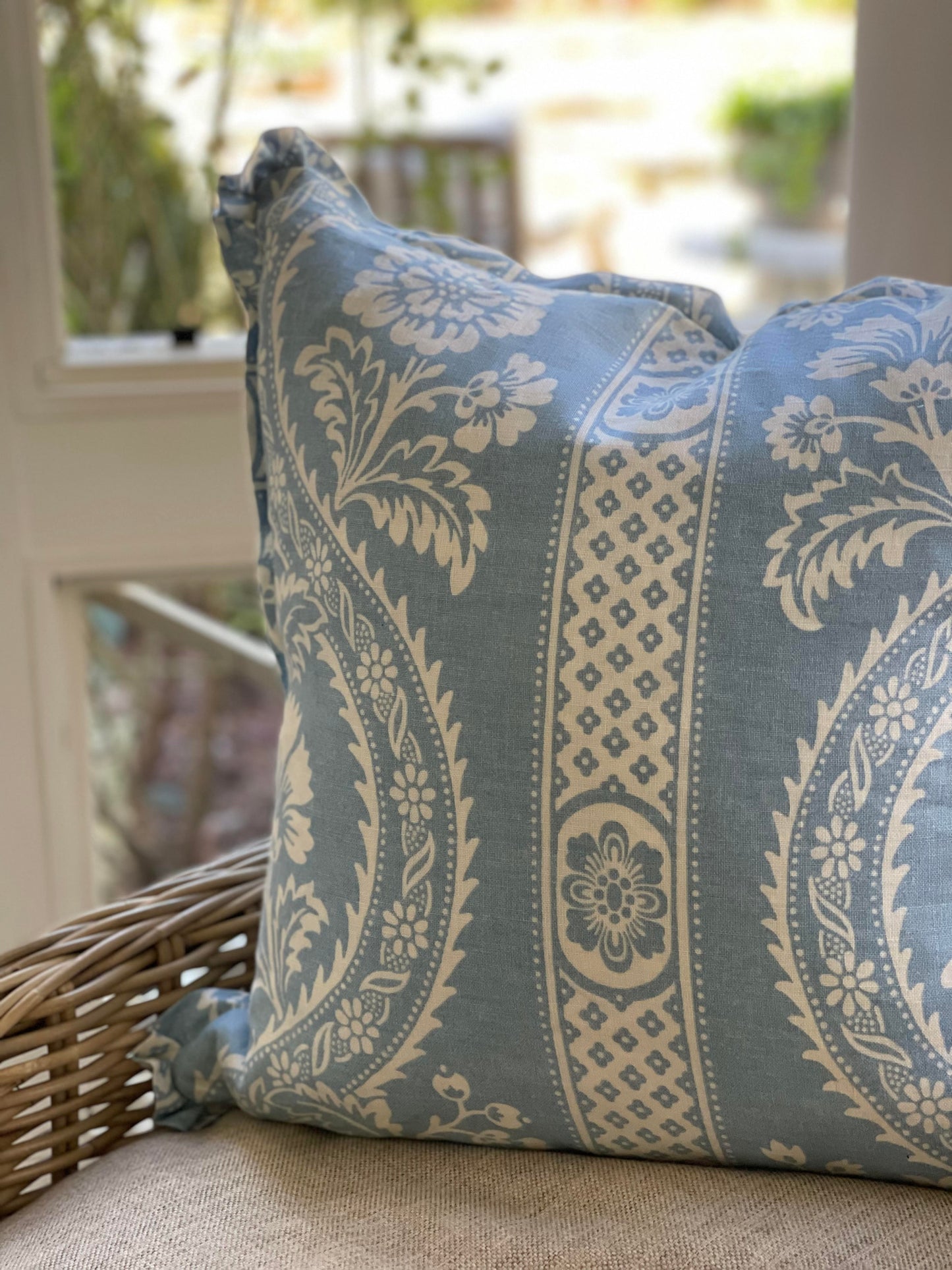 Blue and White Floral Pillow with Ruffled Edge