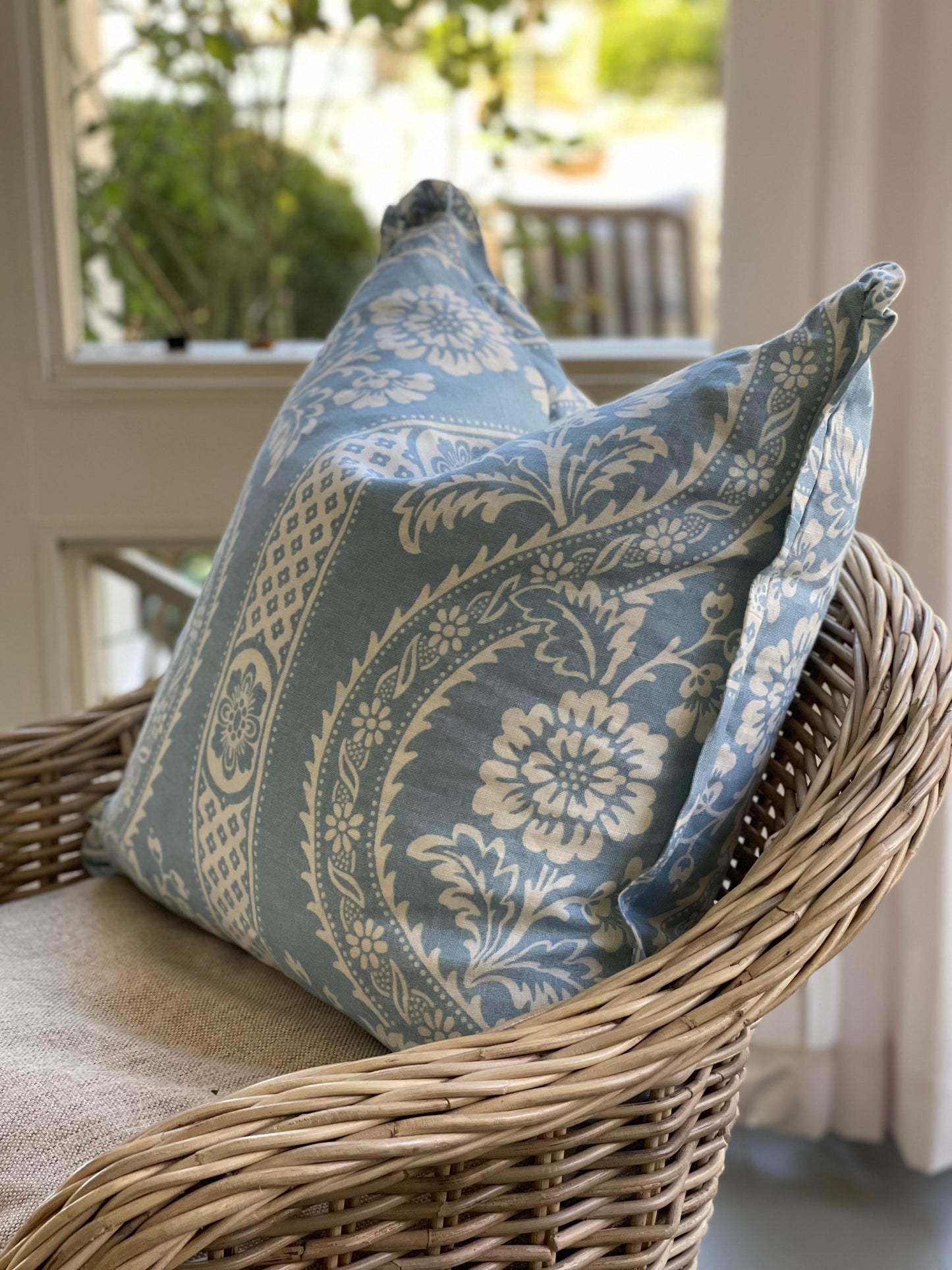 Blue and White Floral Pillow with Ruffled Edge