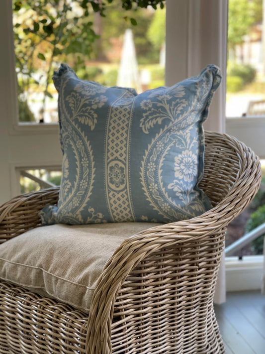 Blue and White Floral Pillow with Ruffled Edge