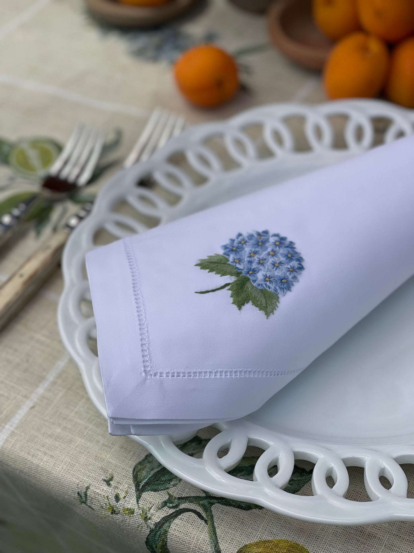 Blue Hydrangea Embroidery Hemstitched Napkin