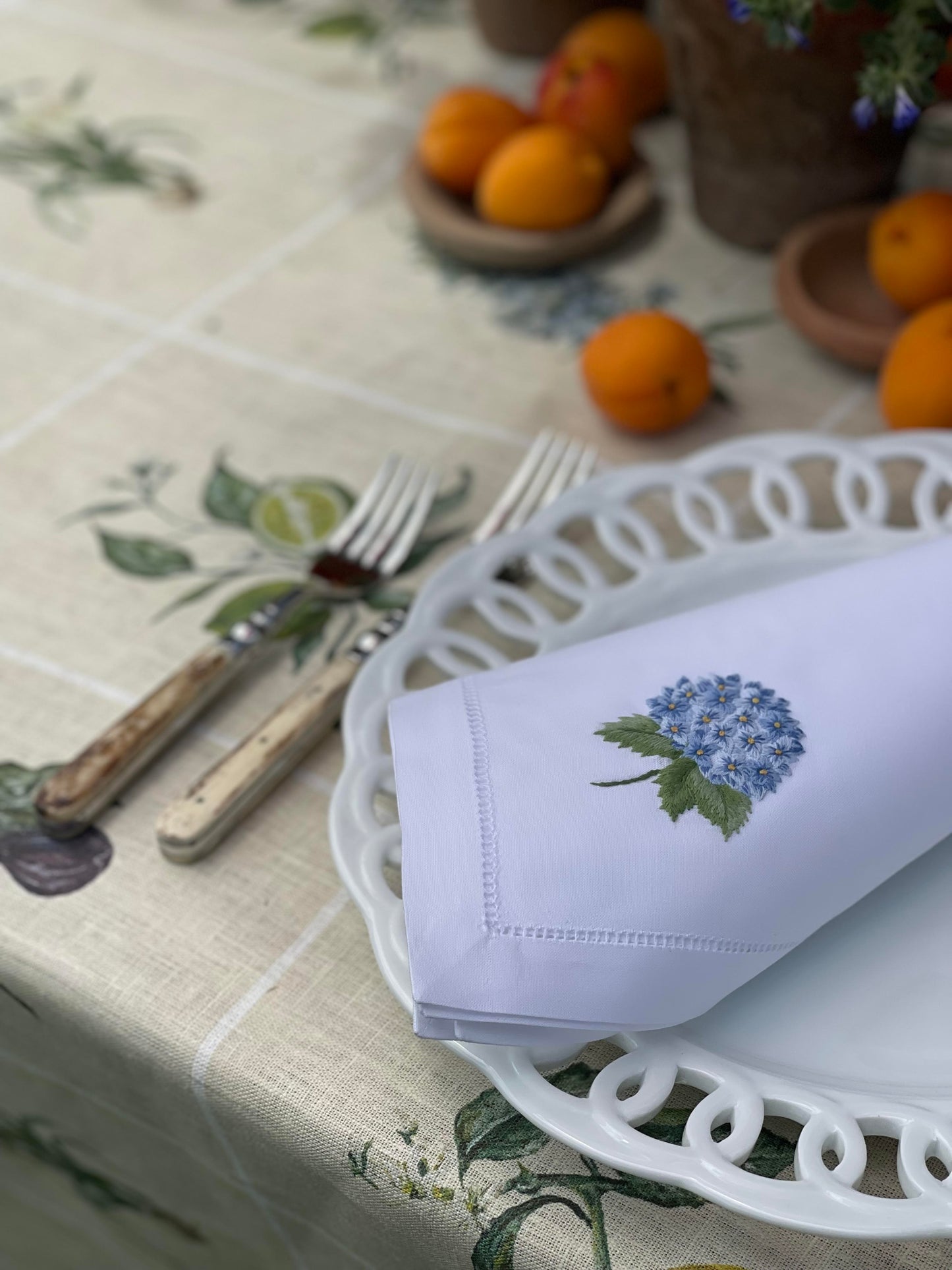 Blue Hydrangea Embroidery Hemstitched Napkin