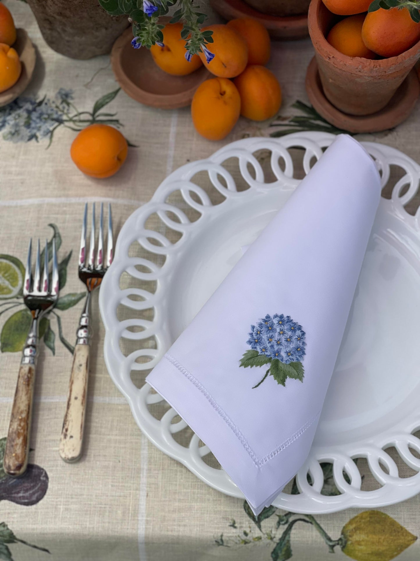 Blue Hydrangea Embroidery Hemstitched Napkin